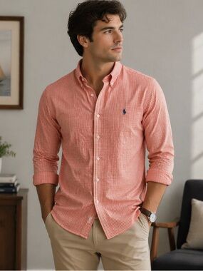 Ralph Lauren Classic Fit Gingham Button Down Shirt Orange White Large